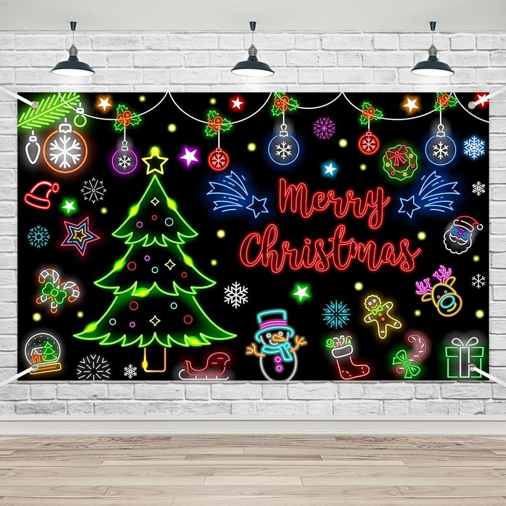 Lofaris Merry Christmas Neon Backdrop Banner - Glow-in-The-Dark Santa, Snowman, Xmas Tree, Gingerbread Man, and New Year Party Decorations, 70.8x43.3 Inch MS