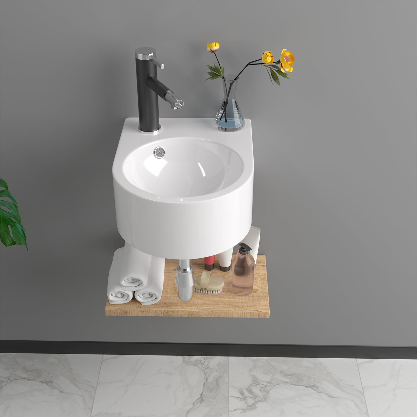 Lofeyo 13" Fireclay Irregular Wall Mounted Bathroom Basin Sink Pure White Basin with Left Faucet Hole Mini Basin