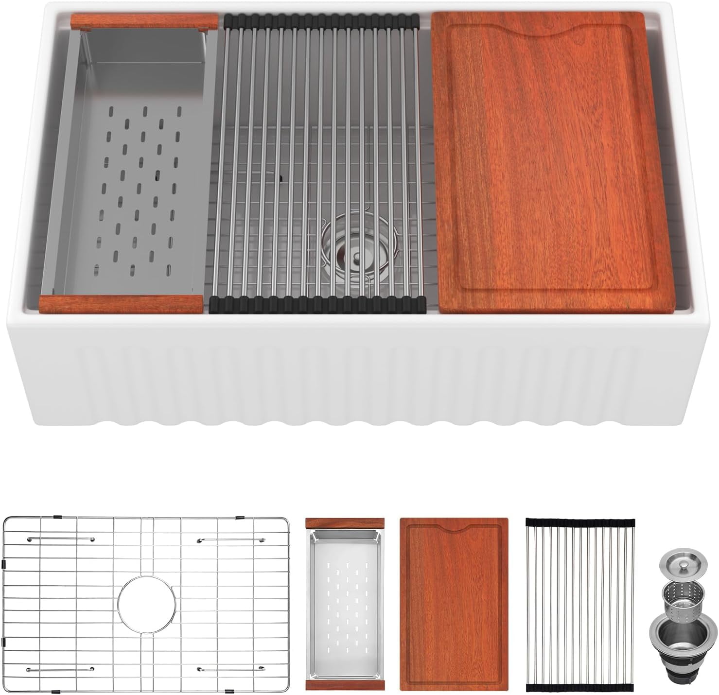 Lofeyo 33"x20"x10" Workstation Fireclay Farmhouse Sink - Multifunctional Apron Front Kitchen Sink, White Ceramic Porcelain Fireclay, Reversible Single Bowl, Farm Sink, LOF-LWFST332010S