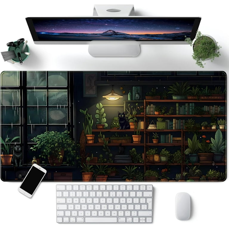 Lofi Cat Desk Mat Dark Green Plant Books Desk Pad Black Cat Aesthetic Anime Big Mouse Pad Large Gaming Mousepad XL Cool Keyboard Pad Deskmat Laptop