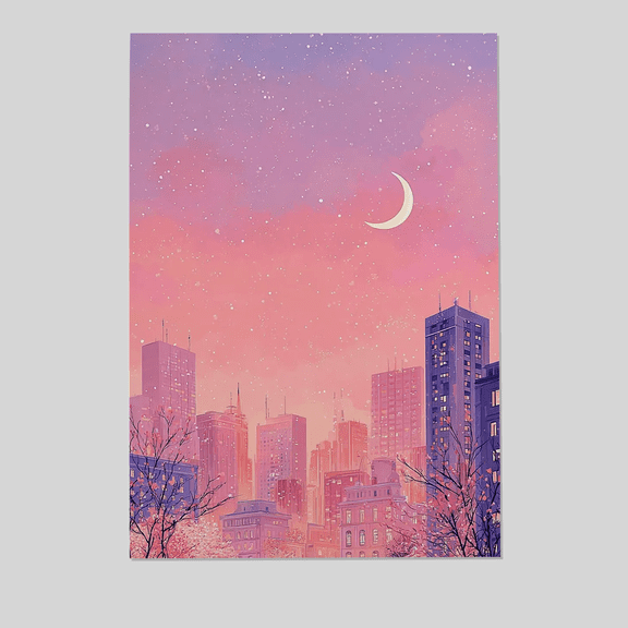 Lofi Cityscape Art Print, Pastel Pink Purple Wall Decor, Vaporwave Poster Full Size 24''x36'' The Golden Shop