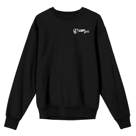 Lofi Girl - White Logo text and Logo Icon of Lofi Girl on Black Adult Crew Neck Sweatshirt - Large
