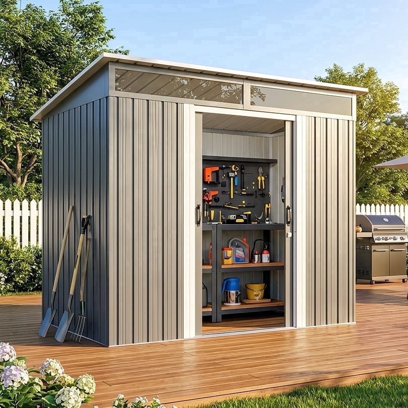 Lofka 6x4 ft Outdoor Storage Shed, Galvanized Steel Garden Tool Shed with Lockable Door, Waterproof Metal Shed for Backyard, Bike, Dark Grey