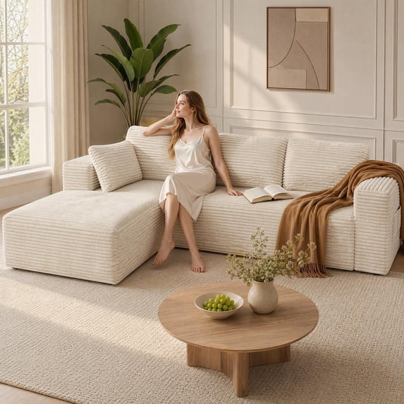 Lofka 105" Cloud L-Shaped Sectional Sofa and Couch with Movable Ottoman and Soft Seats for Living Room, No Assembly Required, Beige (Plush Corduroy Fabric)