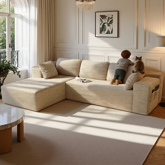 Lofka 105" Cloud L-Shaped Sectional Sofa and Couch with Movable Ottoman and Soft Seats for Living Room, No Assembly Required, Beige (Plush Corduroy Fabric)