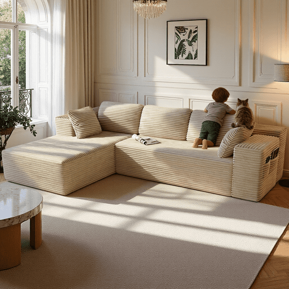 Lofka 105" Cloud L-Shaped Sectional Sofa and Couch with Movable Ottoman and Soft Seats for Living Room, No Assembly Required, Beige (Plush Corduroy Fabric)