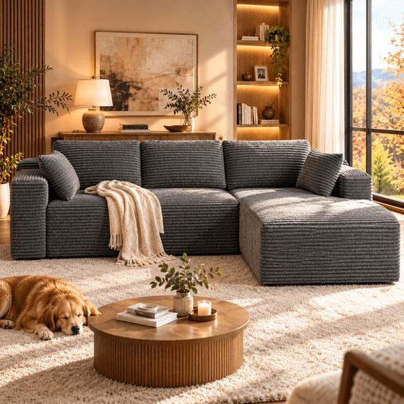 Lofka 105" Modular L-Shaped Sectional Sofa with Right-Facing Chaise, Deep Seat Corduroy Cloud Couch for Living Room, Gray, No Assembly Required