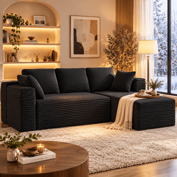 Lofka 105" Modular Sectional Sofa, Sofa for Living Room, L-Shaped Cloud Couch with Deep Seat, Corduroy Upholstery, Right Facing Chaise, No Assembly, Black