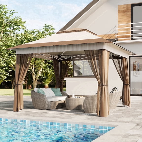 Lofka 10x10 Pop Up Gazebo Canopy with Mosquito Netting UV50+ Waterproof Outdoor Shade,Beige