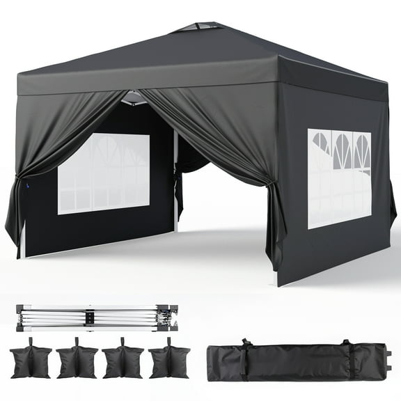 Lofka 10x10ft Pop-Up Gazebo Canopy, Adjustable Height Outdoor Gazebo with UV Protection & Windows, Weatherproof Patio Canopy for Backyard Garden Lawn Black