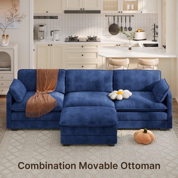 Lofka 110“ Modular Sectional Sofa Bed with Double Layer Cushions and Movable Ottoman, Modern Comfy Cloud Couch for Living Room, DIY Combination, Blue