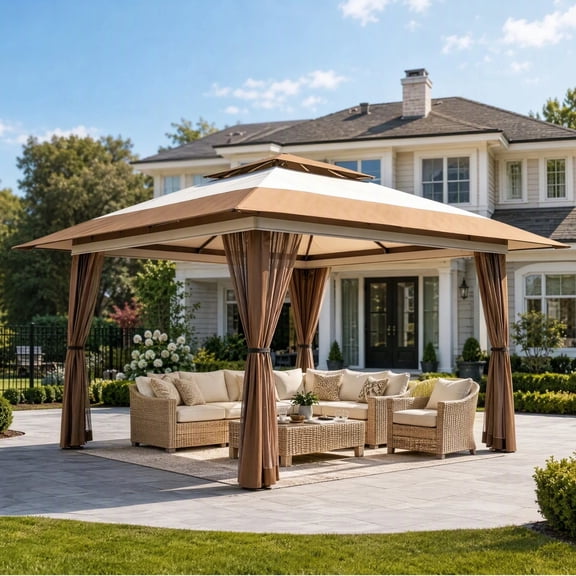 Lofka 13'x13' Hardtop Gazebo, Permanent Aluminum Frame Outdoor Gazebo, Double Roof Canopy with Mosquito Netting for Patio Backyard Deck, Beige