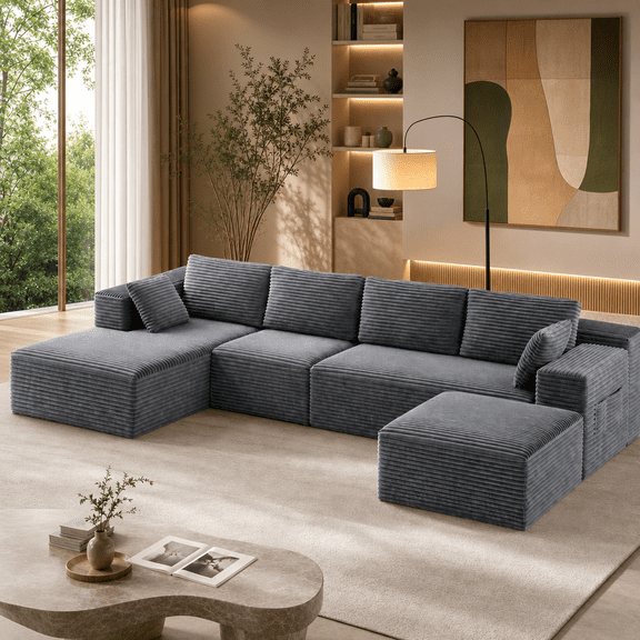 Lofka 134.3" Gray U-Shaped Sectional Sofa, 5-Seat Modular Corduroy Couch, Deep Seat Sofa for Living Room, No Assembly Required