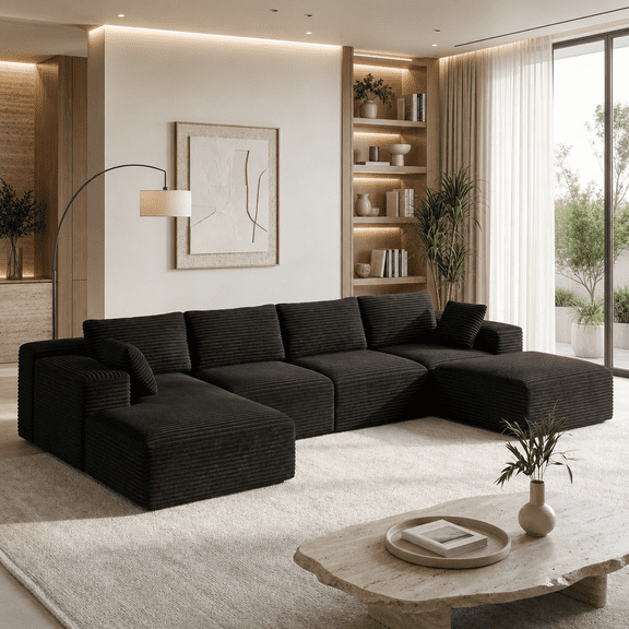 Lofka 134.3" U-Shaped Modular Sectional Sofa,Black Corduroy Oversized Cloud Couch, No Assembly