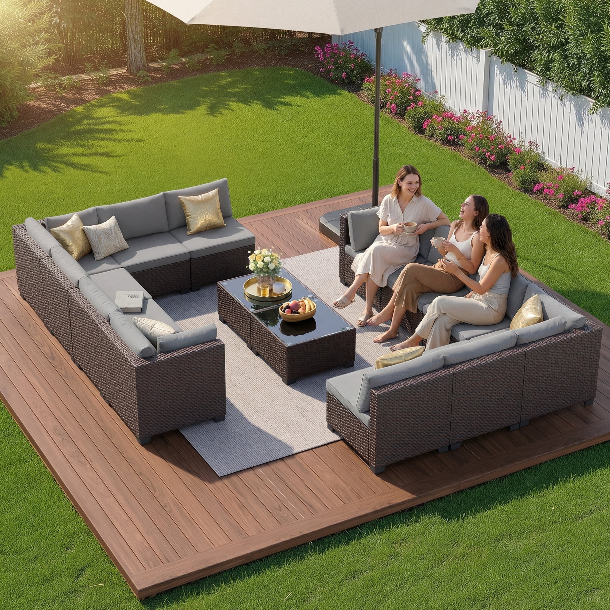 Lofka 14 Pieces Outdoor Patio Furniture Set with Chairs and Tempered Glass Table, Rattan and Metal, Suitable for Backyard, Porch & Poolside, Gray