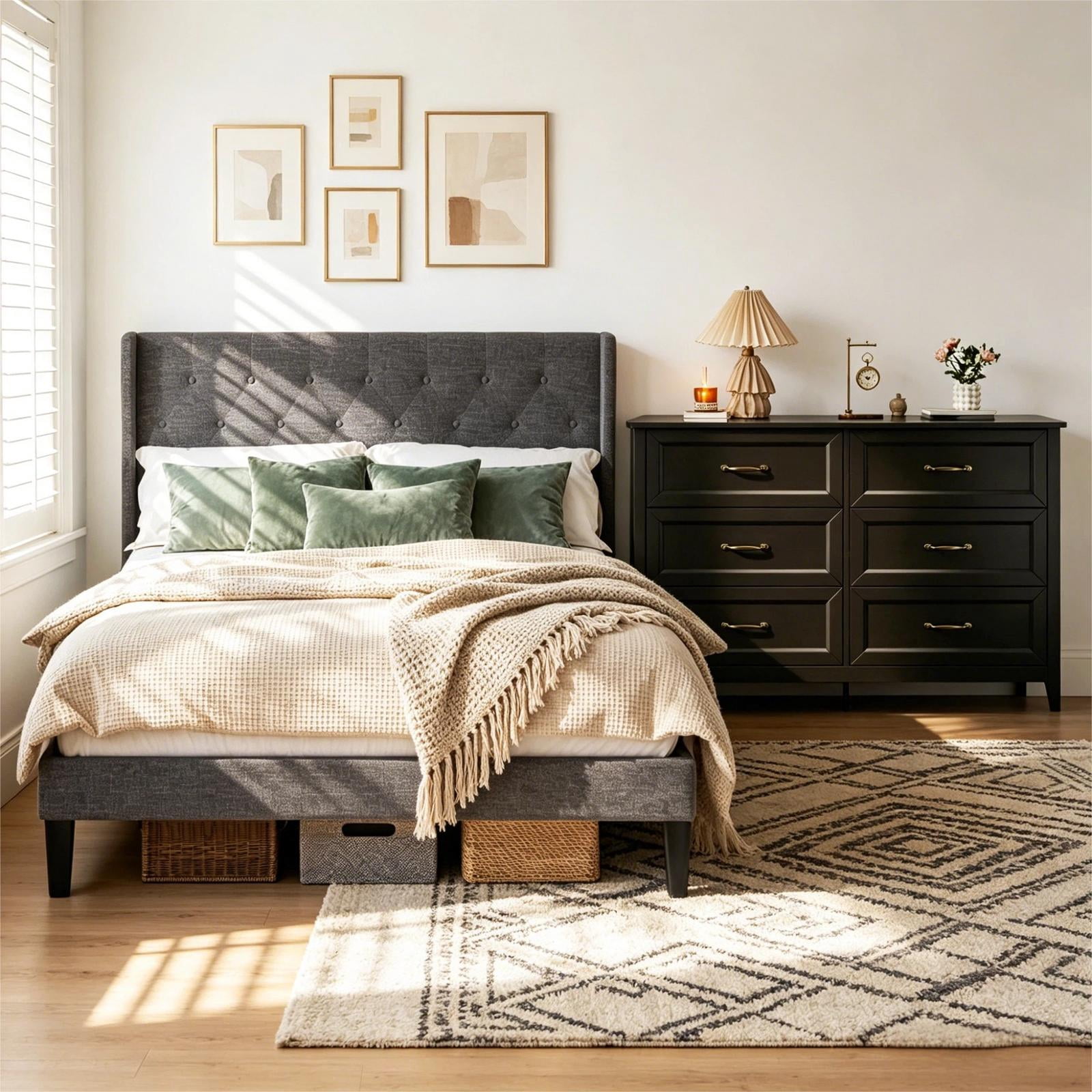 black and grey dresser set Lofka 2-Piece Bedroom Furniture Set, Dark Gray Upholstered Queen Bed Frame & 6 Drawer Dresser, Storage Organizer for Bedroom, Small Space 20250221