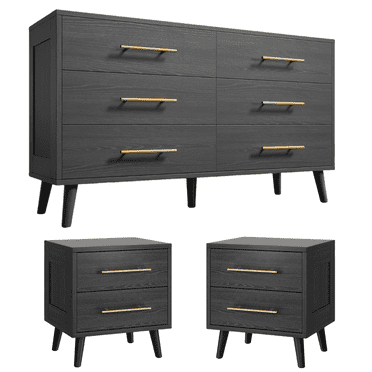 6 Drawer Dresser & 4 Drawers Nightstand Set for Bedroom,Lofka 3 Piece Modern Engineered Wood Bedroom Set,Black