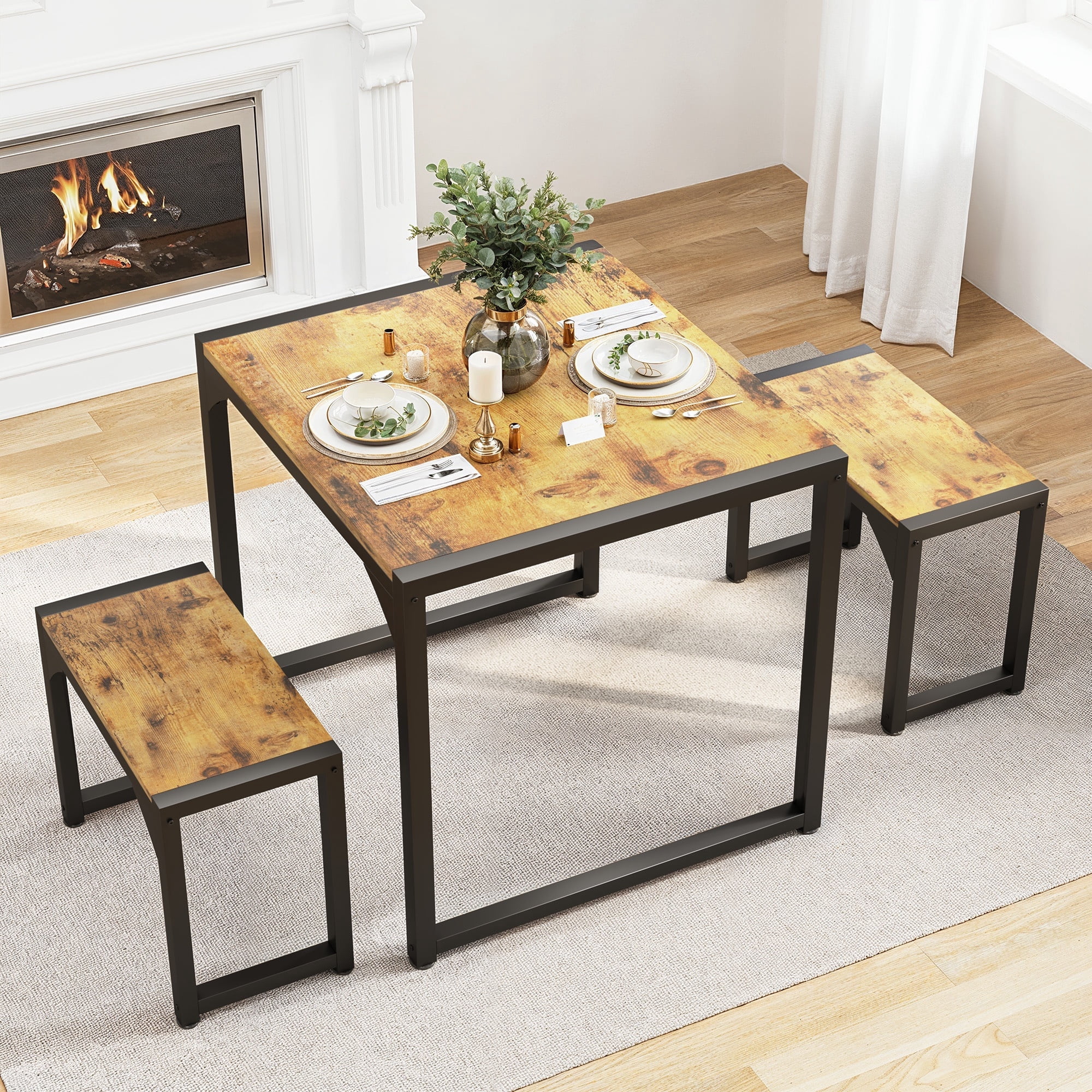 Dining Table Set for 2,Lofka Dining Room Set with Hardwood Kitchen Table,2 Benches for Kitchen Room,Breakfast Time,Apartment,Saving Small Space,Retro Brown