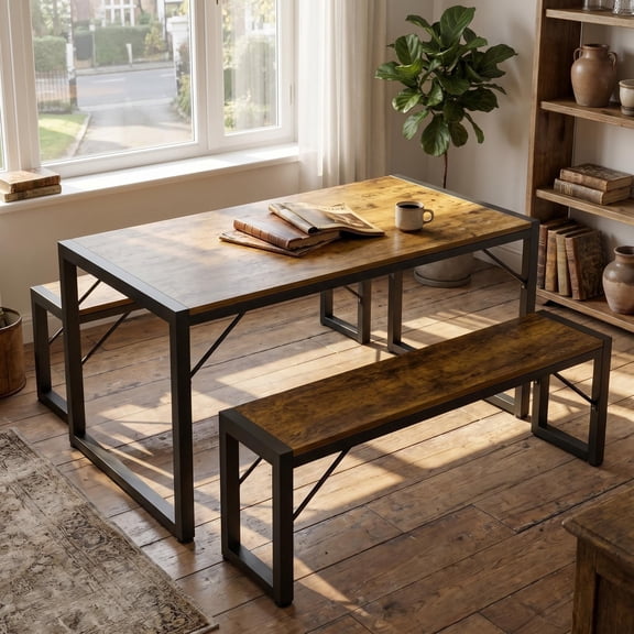 Lofka 3-Piece Modern Kitchen Dining Table Set for 4 with 1 Table & 2 Benches,  Retro Dining Room Set for Small Spaces