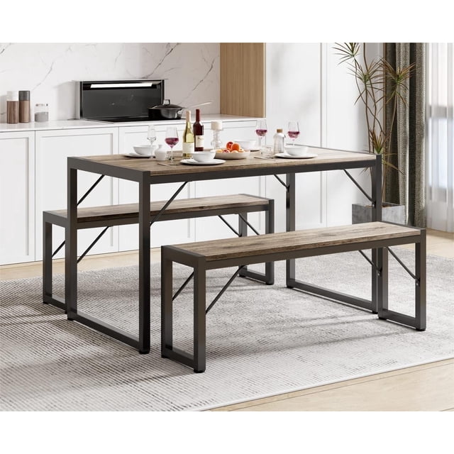 Lofka 3-Piece Modern Kitchen Dining Table Set for 4 with 1 Table & 2 Benches, Gray