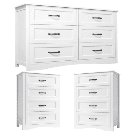 Lofka 3 Piece Nightstands and Dressers Sets , 6 Drawer Dresser & 4 Drawers Nightstand set of 2,Modern Engineered Wood ,White