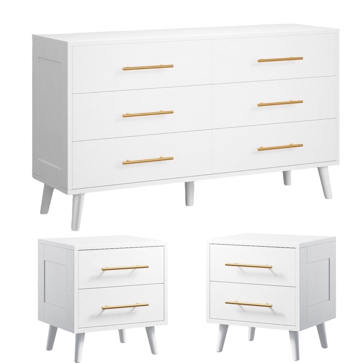 Lofka 3 Piece Nightstands and Dressers Sets , 6 Drawer Dresser & 4 Drawers Nightstand set of 2,Modern Engineered Wood ,White