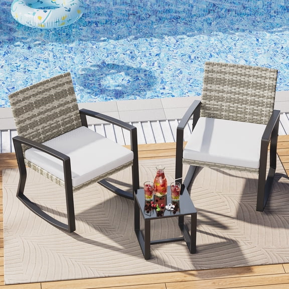3-Piece Outdoor Furniture,Lofka Rocking Wicker Bistro Set with Cushions & Tempered Glass Table - Modern Rattan Patio Set for Porch|Balcony|Garden (Gray)