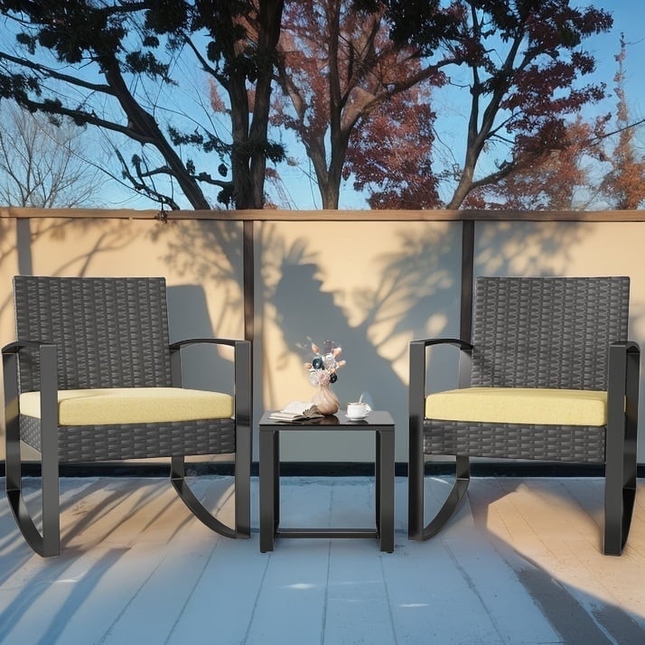 Lofka 3-Piece Outdoor Rocking Chairs, Patio Furniture Set with Thickened Cushions and Coffee Table for Garden, Balcony,  Camping, Beige