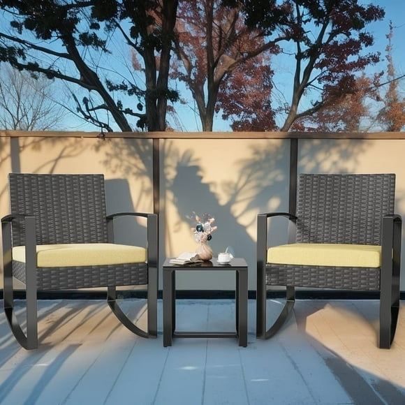 Lofka 3-Piece Outdoor Rocking Chairs, Patio Furniture Set with Thickened Cushions and Coffee Table for Garden, Balcony, Camping, Beige
