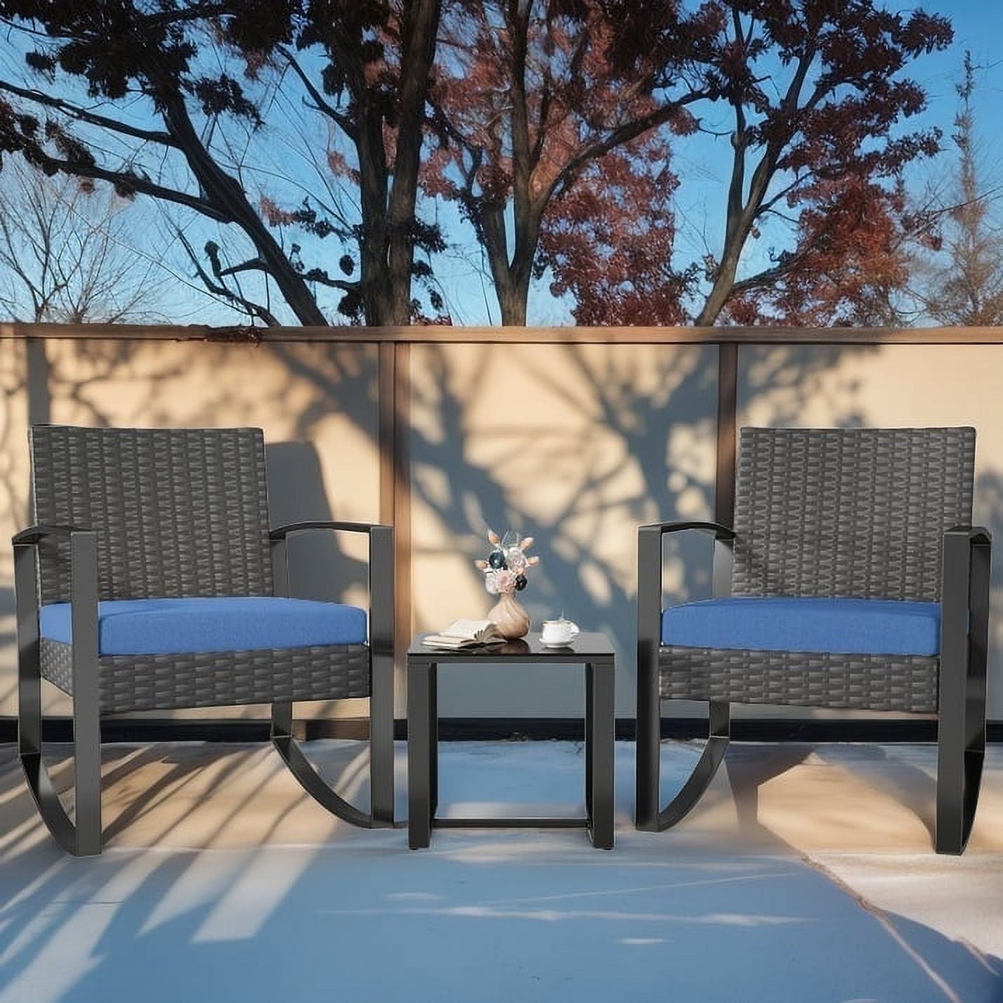 Lofka 3-Piece Outdoor Rocking Chairs, Patio Furniture Set with Thickened Cushions and Coffee Table for Garden, Balcony, Porch, Backyard, Blue