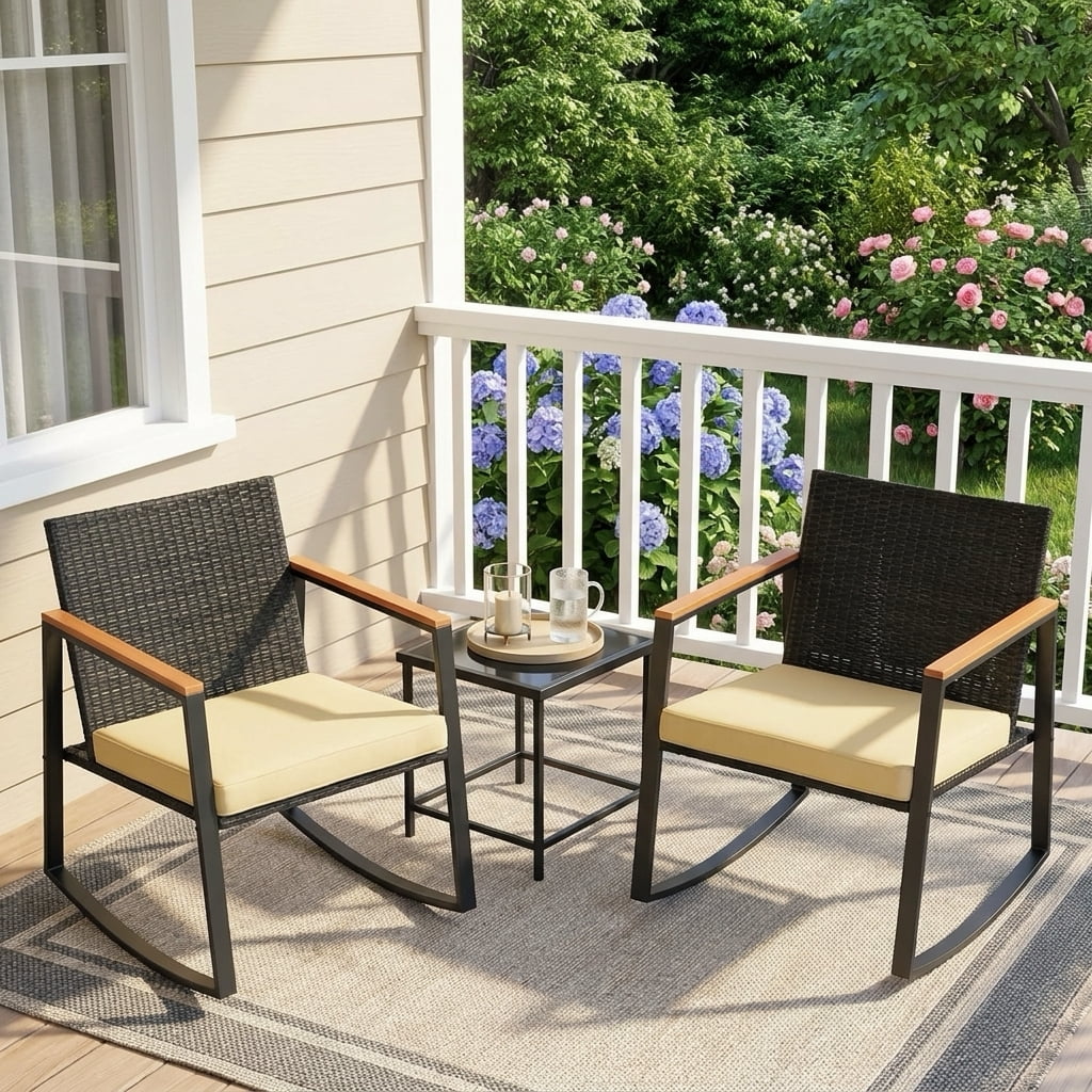3-Piece Patio Furniture Set, Lofka Rocking Chair Set with Heat-resistant armrests, Includes Glass Table& Cushion-Perfect for Balcony|Deck, Yellow