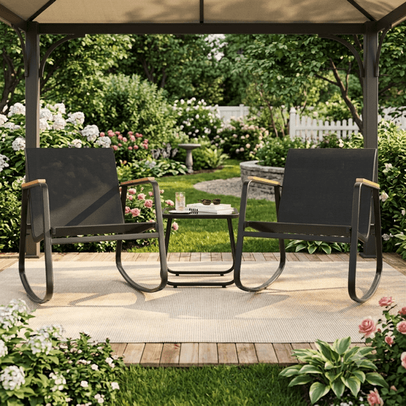 3-Piece Patio Furniture Set, Lofka Rocking Chair Set with Heat-resistant armrests, Includes Glass Table& Cushion-Perfect for Balcony|Deck, Black