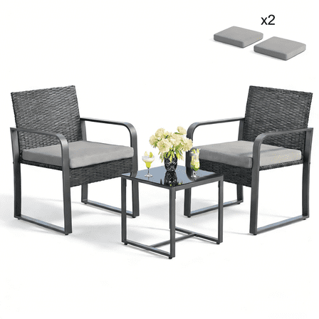 Lofka 3-Piece Patio Chairs Set with Glass Coffee Table, Outdoor Furniture Set for Garden, Porch, Bistro, Yard, Gray Cushion