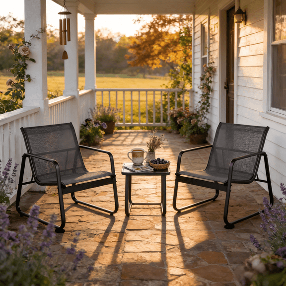 Outdoor Bistro Set, Lofka 3 Piece Patio Furniture Set with Tempered Glass Side Table, All-Weather Breathable Textilene Metal Frame Chairs for Patio/Garden/Balcony/Poolside (Black)