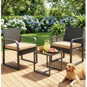 Patio Furniture Set for 3, Lofka All-Weather Outdoor Rattan Conversation Set with Glass Table for Lawn, Poolside, Porch,Beige