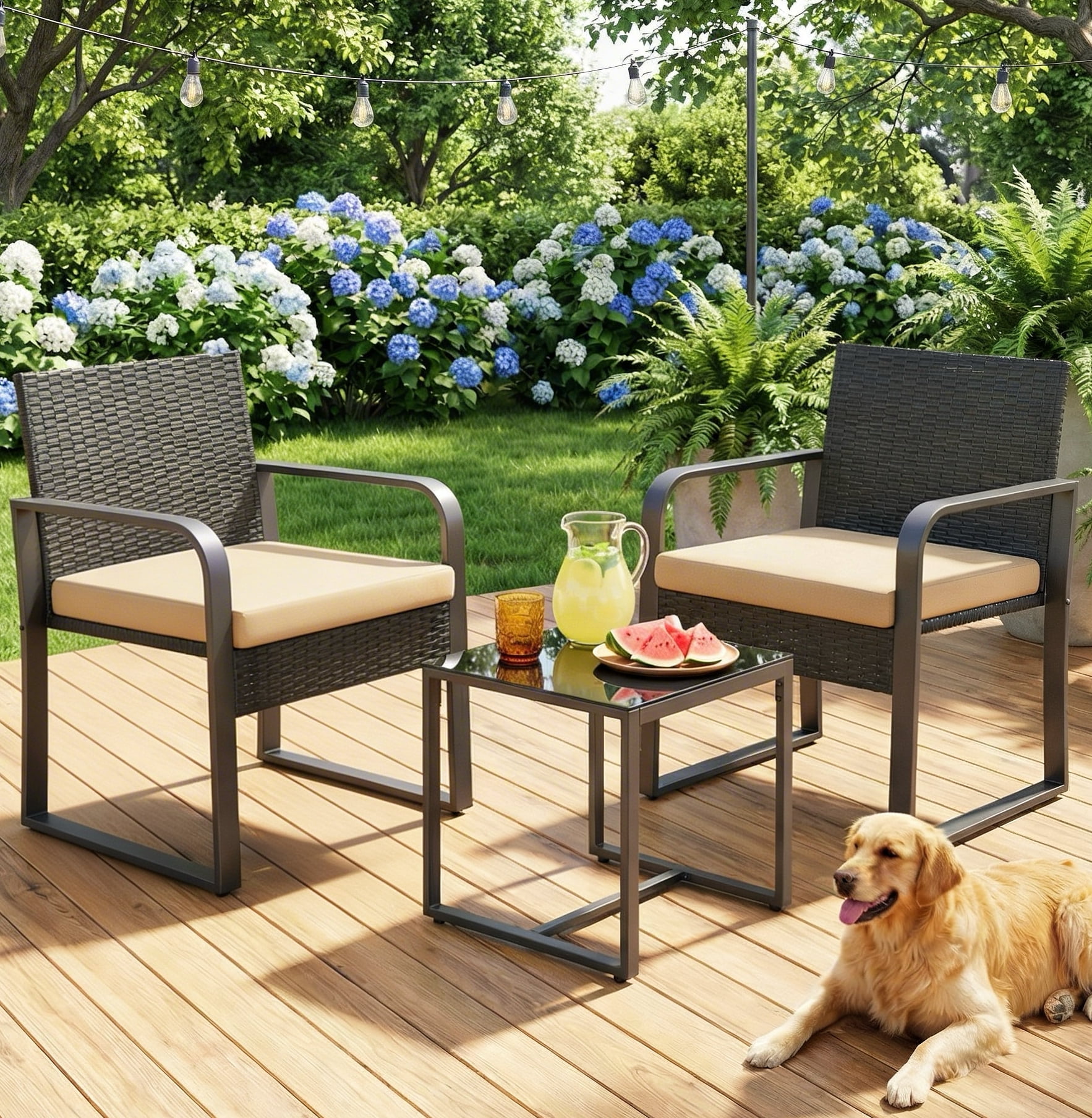 Patio Furniture Set for 3, Lofka All-Weather Outdoor Rattan Conversation Set with Glass Table for Lawn, Poolside, Porch,Beige
