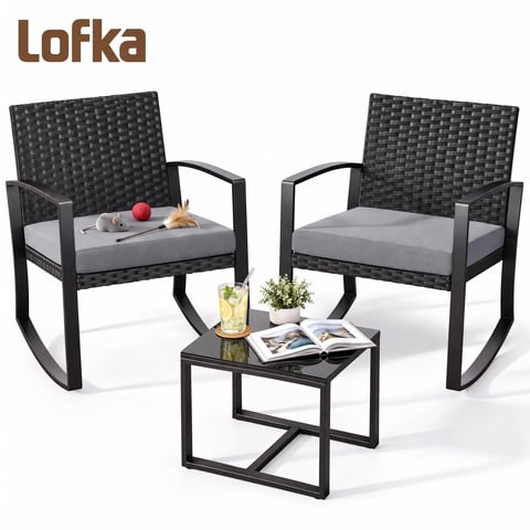 Lofka 3 Piece Patio Furniture Set, All Weather Wicker Outdoor Rocking Chair Set with Thick Soft Cushions and Tempered Glass Coffee Table, Outdoor Seating Set for Backyard Balcony Porch Garden, Gray