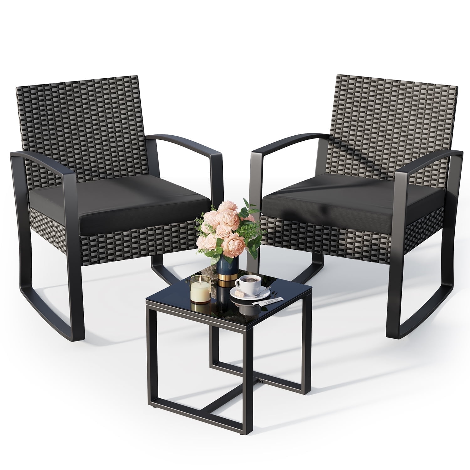 Lofka 3-Piece Patio Furniture Set Clearance with Tempered Glass Coffee Table and Rattan Rocking Chairs for Outdoor, Porch & Balcony, Black