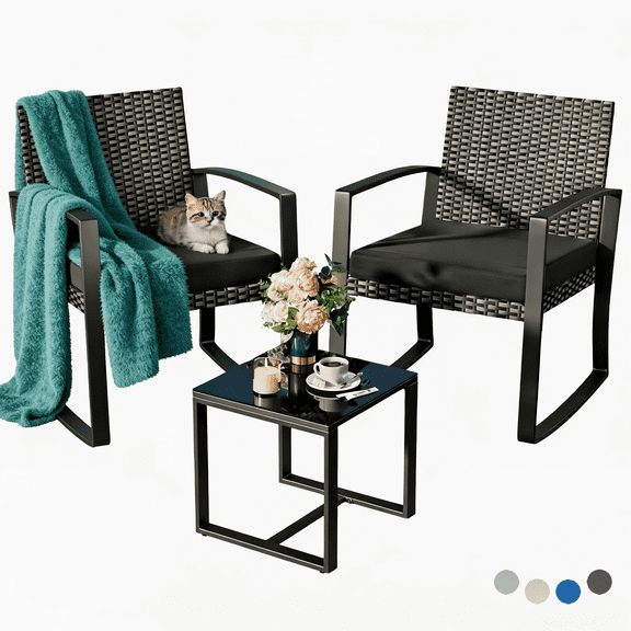 Lofka 3-Piece Patio Furniture Set Clearance with Tempered Glass Coffee Table and Rattan Rocking Chairs for Outdoor, Porch & Balcony, Black
