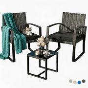 Lofka 3-Piece Patio Furniture Set Clearance with Tempered Glass Coffee Table and Rattan Rocking Chairs for Outdoor, Porch &amp; Balcony, Black