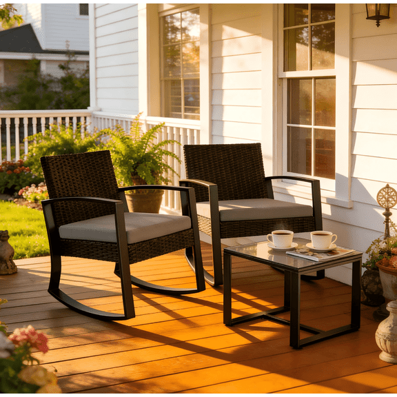 Patio Furniture Set, Lofka 3 Pieces Outdoor Porch Furniture Set with Rocking Chairs and Glass Table for Balcony & Garden, Gray Cushion