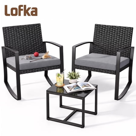 Lofka 3 Piece Patio Furniture Set, All Weather Wicker Outdoor Rocking Chair Set with Thick Soft Cushions and Tempered Glass Coffee Table, Outdoor Seating Set for Backyard Balcony Porch Garden, Gray