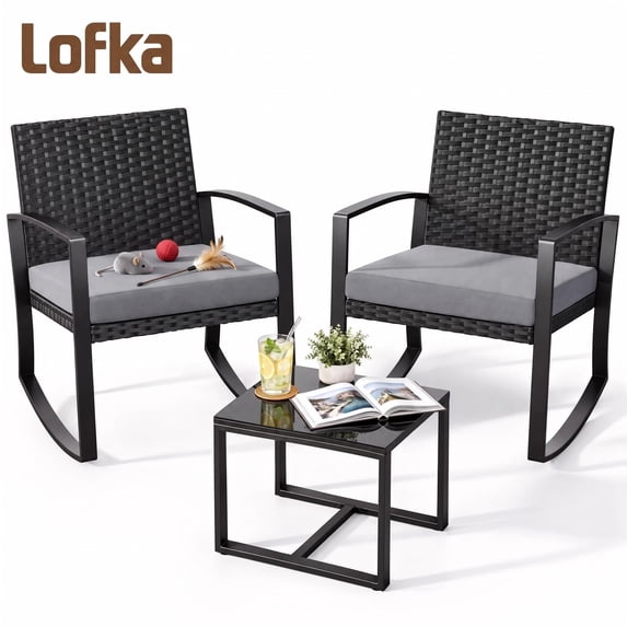 Lofka 3 Piece Patio Furniture Set, All Weather Wicker Outdoor Rocking Chair Set with Thick Soft Cushions and Tempered Glass Coffee Table, Outdoor Seating Set for Backyard Balcony Porch Garden, Gray
