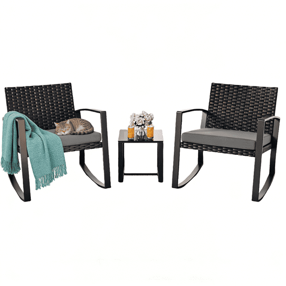 Patio Furniture Set, Lofka 3 Pieces Outdoor Porch Furniture Set with Rocking Chairs and Glass Table for Balcony & Garden, Gray Cushion