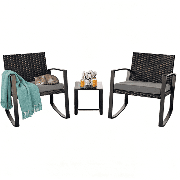 Patio Furniture Set, Lofka 3 Pieces Outdoor Porch Furniture Set with Rocking Chairs and Glass Table for Balcony & Garden, Gray Cushion