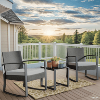 Patio Furniture Set on Sale, Lofka 3 Pieces Outdoor Porch Furniture Set with Rocking Chairs and Glass Table for Balcony & Garden, Gray Cushion