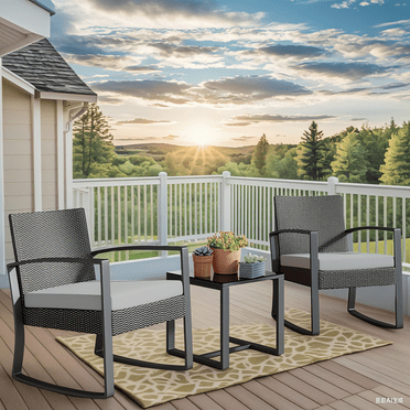 Patio Furniture Set on Sale, Lofka 3 Pieces Outdoor Porch Furniture Set with Rocking Chairs and Glass Table for Balcony & Garden, Gray Cushion