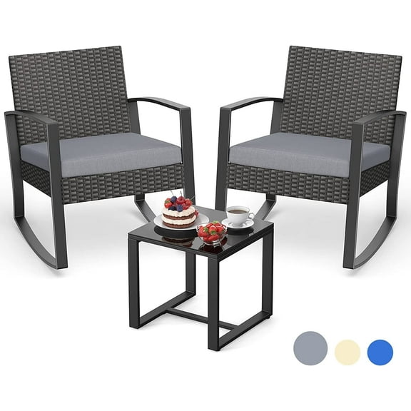 Patio Furniture Set, Lofka 3 Pieces Outdoor Porch Furniture Set with Rocking Chairs and Glass Table for Balcony & Garden, Gray Cushion
