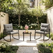 3-Piece Outdoor Furniture Set, Lofka Patio Bistro Table and Rocking Chairs for 2 with Cushions &amp; Backrests for Backyard, Corridor, Gray