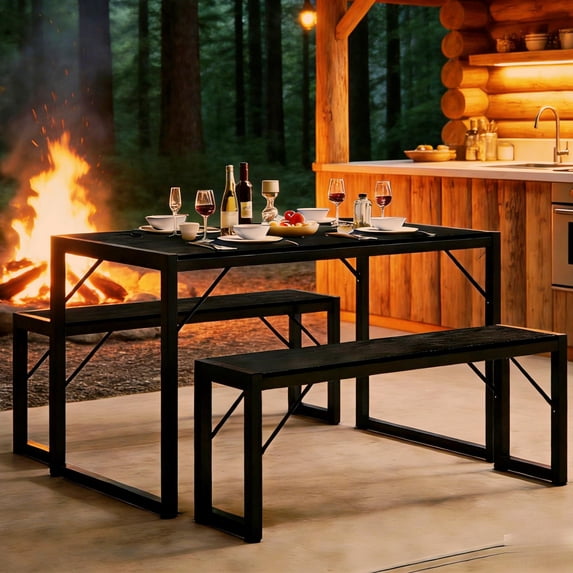 Lofka 3-Piece Rectanglar Kitchen Dining Table Set for 4 for Dining Room, 1 Table & 2 Benches, Black